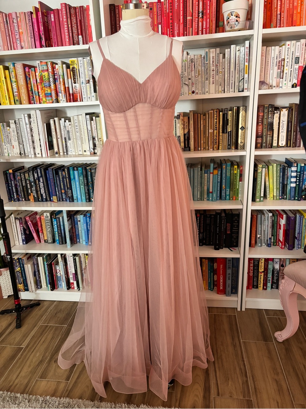 JJs House Dusty Rose Tulle Maxi Gown with Sheer Bodice